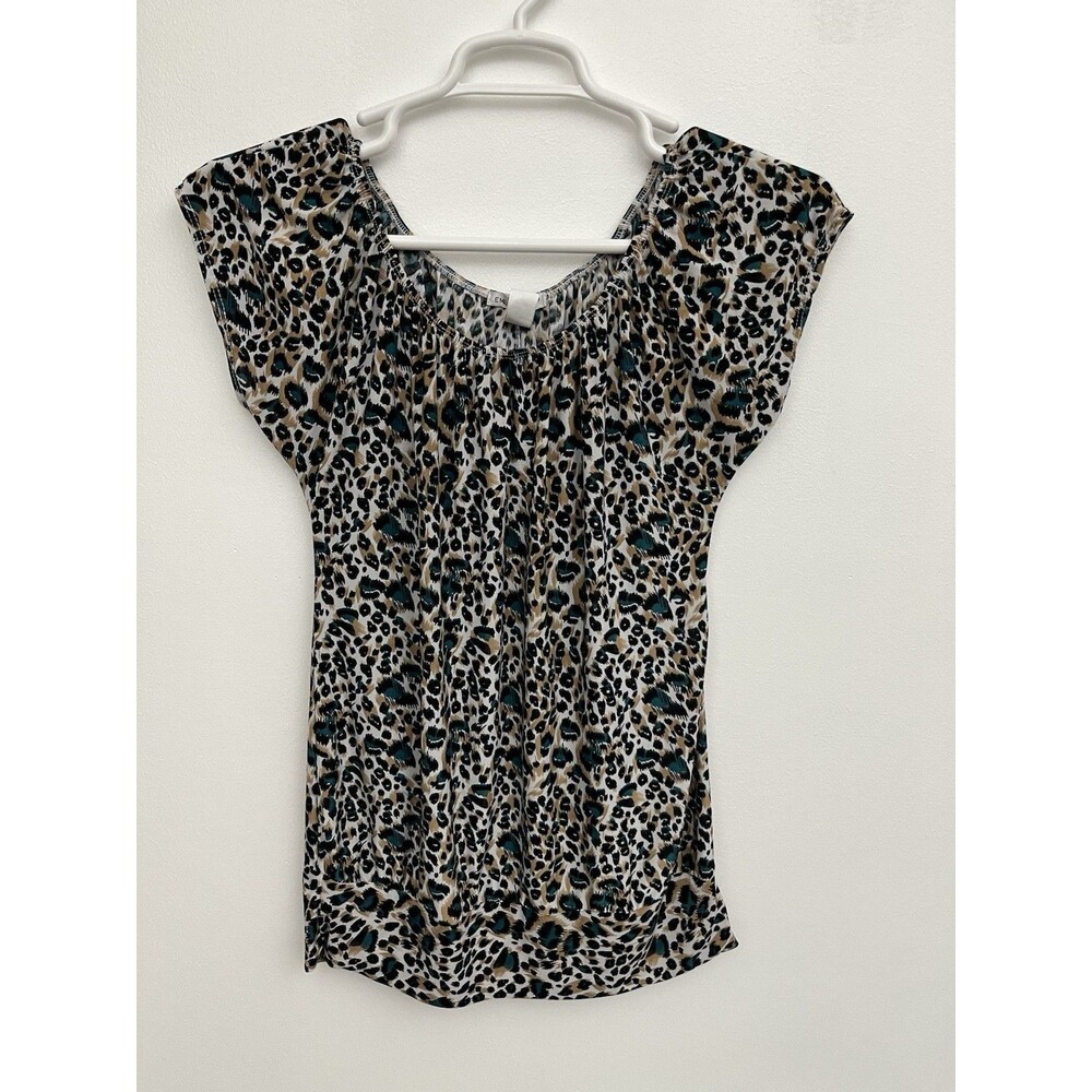 Emily Stacy Women’s Top Blouse Animal Print Cap Sleeve Round Neck Size L